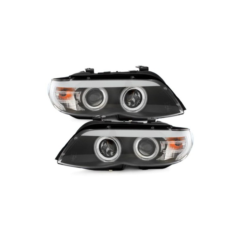 Φανάρια εμπρός angel eyes για BMW X5 (2003-2007) - black , με λάμπες (Η1) - σετ 2τμχ.