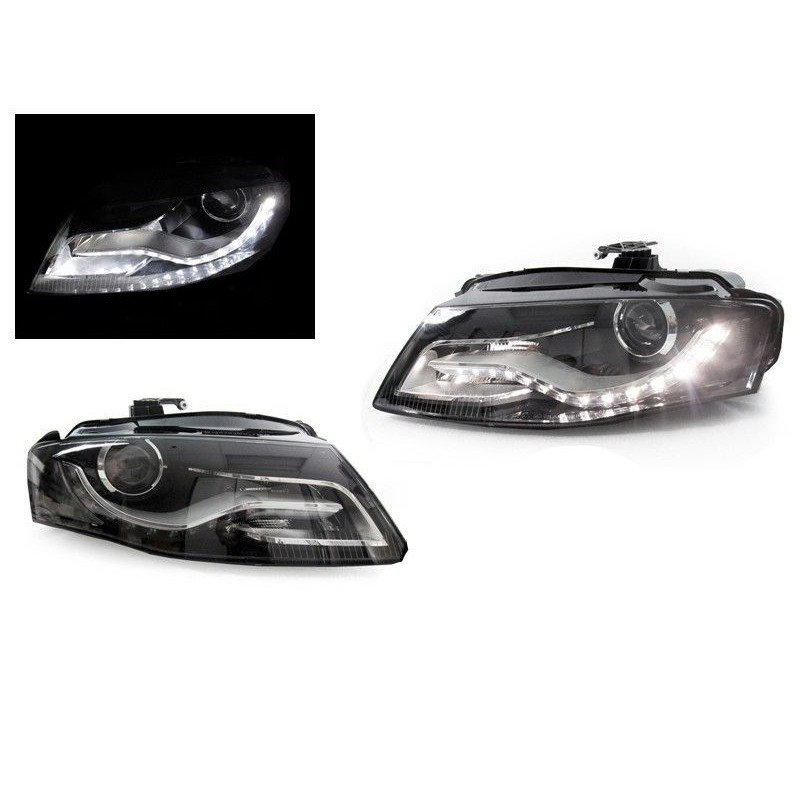 Φανάρια εμπρός με DRL led για Audi A4 B8 (2007-2011) -μαύρα , χωρίς λάμπες (Η7) - σετ 2τμχ.