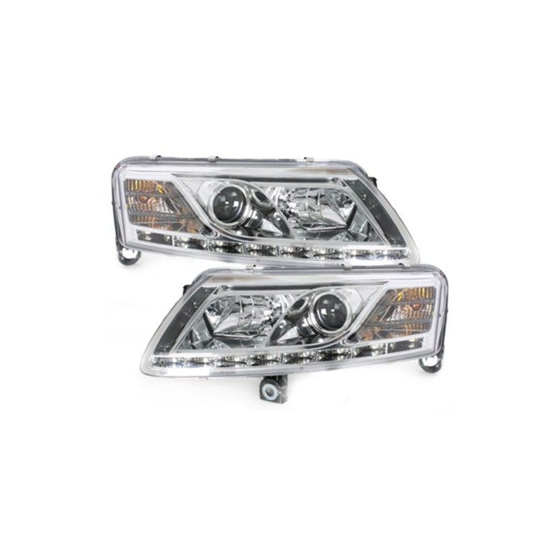 Φανάρια εμπρός για Audi A6 με φώτα ημέρας led (2004-2007) - chrome , χωρίς λάμπες (Η7) - σετ 2τμχ.