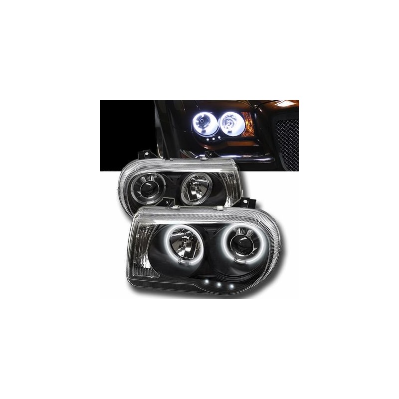 Φανάρια εμπρός angel eyes με led για Chrysler 300C (2004-2008) - μαύρα , με λάμπες (Η1) - σετ 2τμχ.