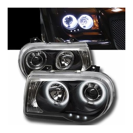 Φανάρια εμπρός angel eyes με led για Chrysler 300C (2004-2008) - μαύρα , με λάμπες (Η1) - σετ 2τμχ.