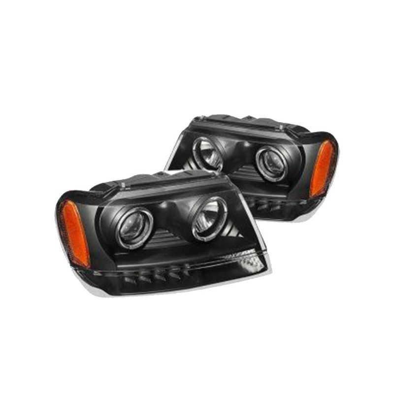 Φανάρια εμπρός led angel eyes για Jeep Grand Cherokee (1999-2005) - μαύρα , με λάμπες (Η1) - σετ 2τμχ.