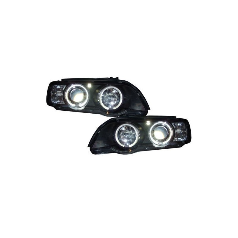Φανάρια εμπρός angel eyes για BMW X5 (1999-2003) - μαύρα , με λάμπες (Η1) - σετ 2τμχ.