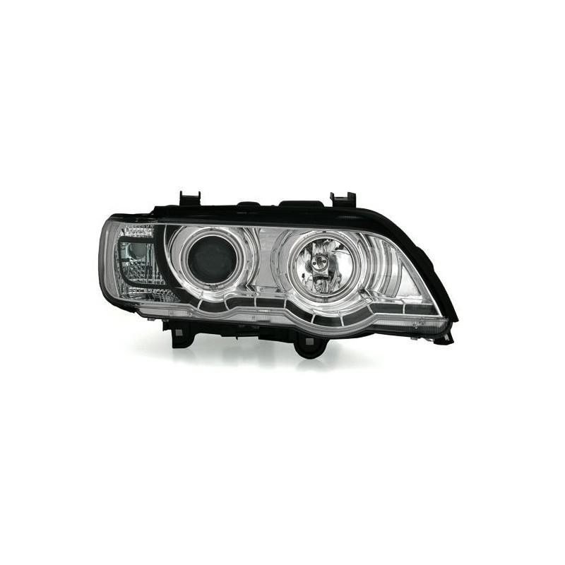 Φανάρια εμπρός Dayline & angel eyes για BMW X5 (1999-2003) - chrome , με λάμπες (Η1) - σετ 2τμχ.