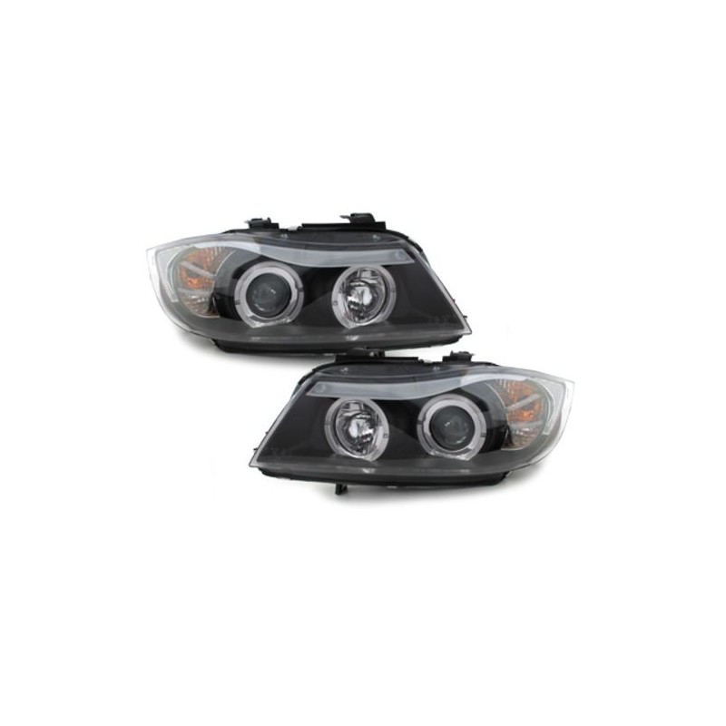 Φανάρια εμπρός angel eyes για BMW E90 (2005-2008) - μαύρα , με λάμπες (Η1) - σετ 2τμχ.