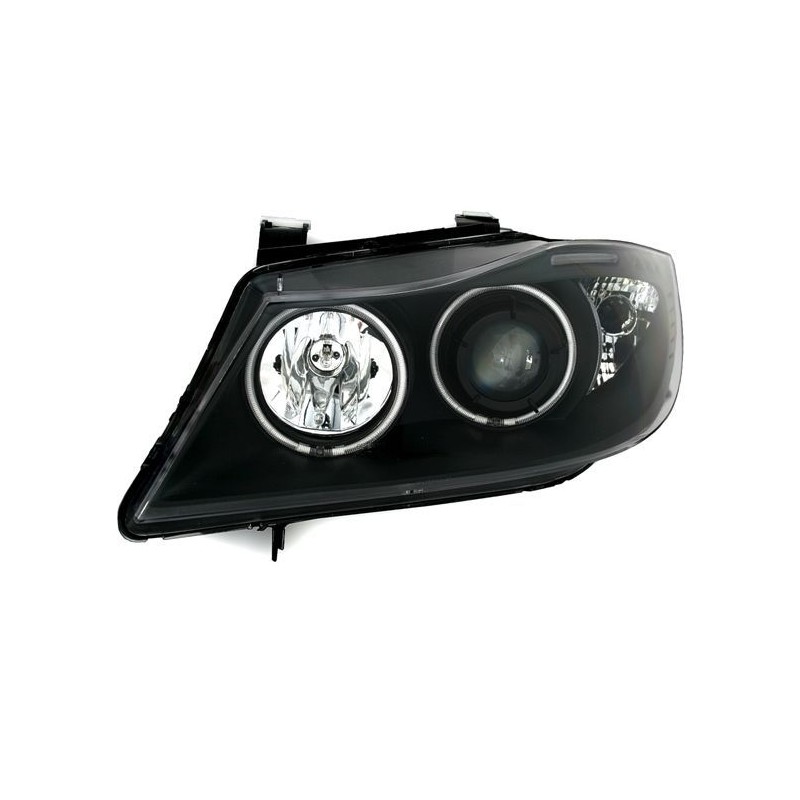 Φανάρια εμπρός angel eyes για BMW E90(2005-2009) - μαύρα , με λάμπες (Η1) - σετ 2τμχ.