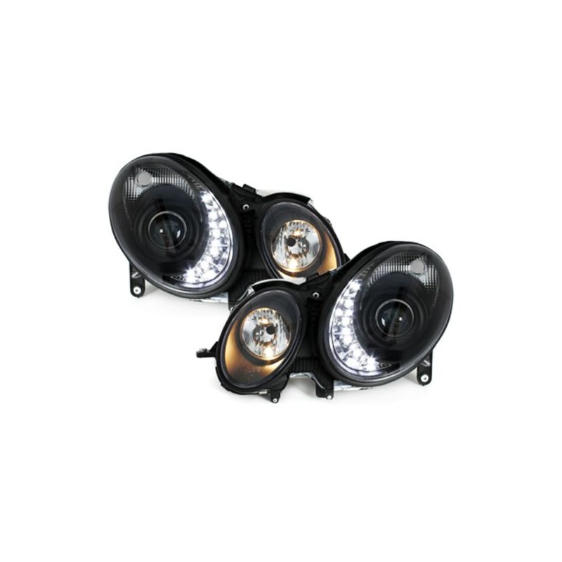 Φανάρια εμπρός led για Mercedes W211 E-Class (2006-2009) μαύρα , με λάμπες (Η1) - σετ 2τμχ.