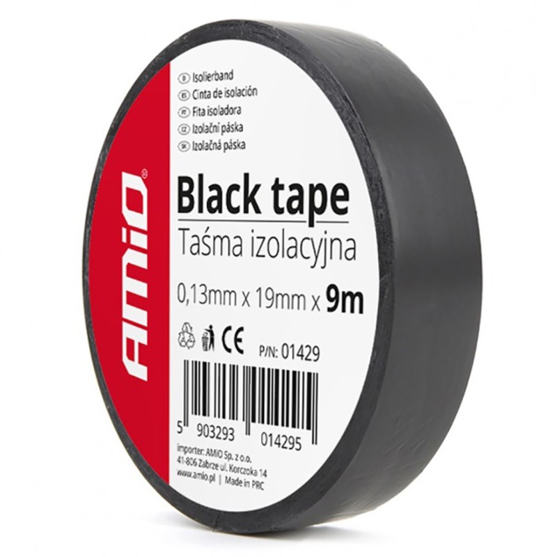 Amio – Μονωτική Ταινία Μαύρη PVC 19mm x 9m για Ηλεκτρικές Εγκαταστάσεις Αυτοκινήτου – 1 Τεμ. (01429/AM)
