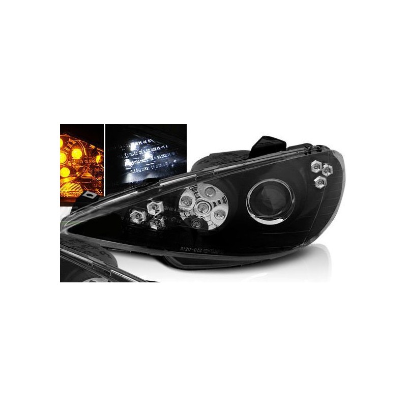 Φανάρια εμπρός angel eyes για Peugeot 206 - μαύρα με led , με λάμπες (Η1) - σετ 2τμχ.