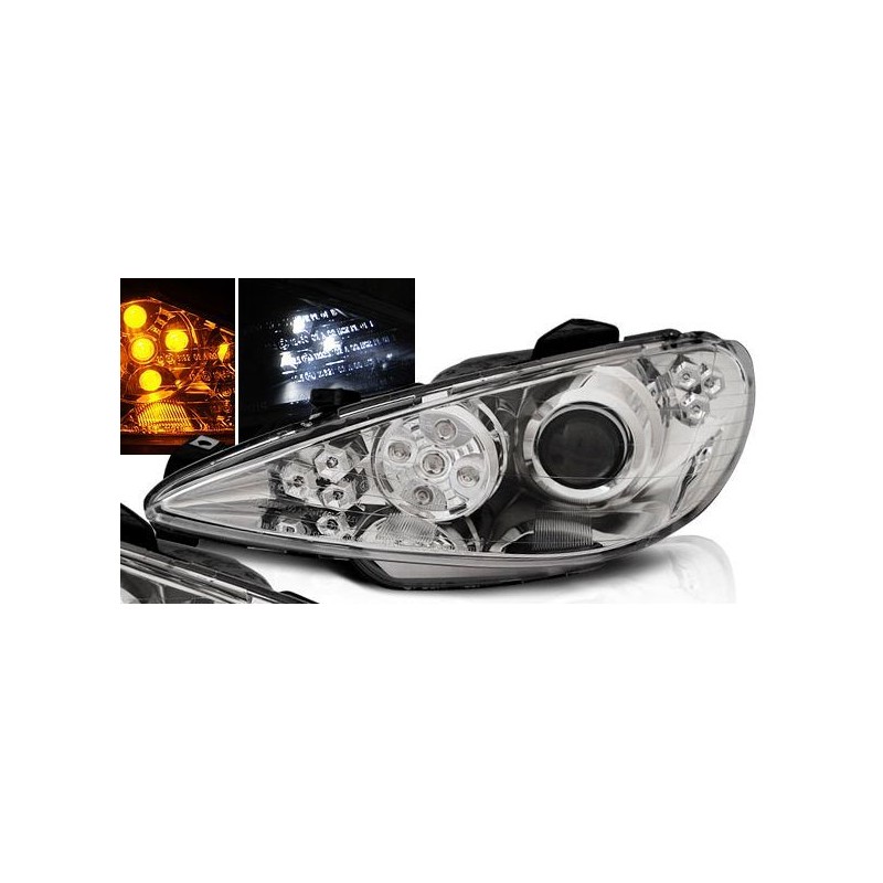 Φανάρια εμπρός angel eyes για Peugeot 206 - χρωμίου με led , με λάμπες (Η1) - σετ 2τμχ.