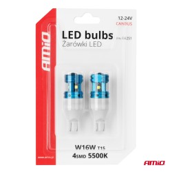 Amio - Λάμπες LED CANBUS T15 (W16W) 4SMD 1860XS Λευκή 6000K 12V/24V για Φώτα Όπισθεν, Πινακίδας & Χώρου Αποσκευών - 2τεμ. (04251