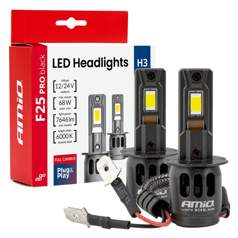 Amio - Λαμπτήρες LED F25 PRO Black Edition H3 68W 12-24V Full CAN Bus με Φωτεινότητα 7646lm σε Ψυχρό Λευκό 6000K για Επιβατικά Α