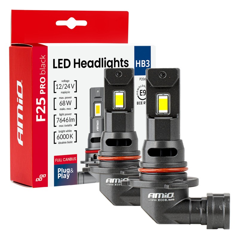 Amio - Λαμπτήρες LED F25 PRO Black Edition HB3 (9005) 68W 12-24V Full CAN Bus με Φωτεινότητα 7646lm σε Ψυχρό Λευκό 6000K για Επι