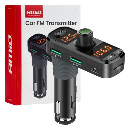 Amio - FM Transmitter Αναπτήρα τύπου FMT06 τάση λειτουργίας 12-24V με 2xUSB Type-A, 1xUSB Type-C και υποδοχή microSD για Επιβατι