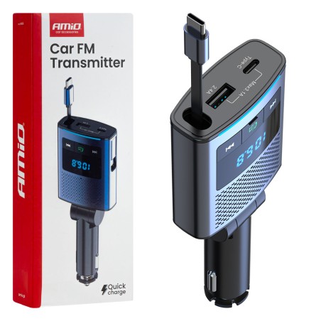 Amio - FM Transmitter Αυτοκινήτου 12/24V με 1xUSB Type-A, 1xUSB Type-C και Ενσωματωμένο Καλώδιο Φόρτισης Type-C - 1 τεμ. (04656/