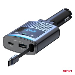 Amio - FM Transmitter Αυτοκινήτου 12/24V με 1xUSB Type-A, 1xUSB Type-C και Ενσωματωμένο Καλώδιο Φόρτισης Type-C - 1 τεμ. (04656/
