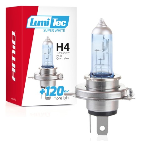Amio - Λάμπα H4 βάση P43t τάση λειτουργίας 12V απόδοσης 60/55W τύπου Lumitec Superwhite +120% για Επιβατικά Αυτοκίνητα - 1 τεμ. 