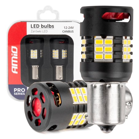 Amio - Λάμπες LED P21W βάση BA15S τύπου Pro Series τάση λειτουργίας 12/24V με 24x3020 SMD Can-bus λευκό για Επιβατικά Αυτοκίνητα