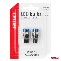 Amio - Λάμπες LED T10 W5W τάση λειτουργίας 12/24V με 5xSMD 3030 Can-bus λευκό φως 5.500K (σε χρώμα μπλε-μαύρο) για Επιβατικά Αυτ