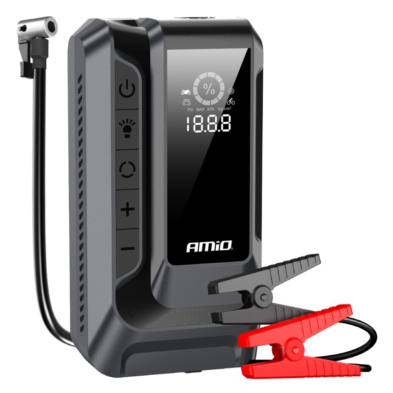 Amio - Φορητός Εκκινητής Μπαταρίας (Jump Starter) 4 σε 1 με ενσωματωμένο Κομπρεσέρ Αέρα, Powerbank και Φακό LED τάση λειτουργίας