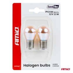 Amio – Λάμπες Αλογόνου PY21W BAU15s 12V 21W Πορτοκαλί/Χρώμιο Lumitec για Φλας & Καθαρή Σήμανση – Σετ 2 Τεμ. (04627/AM)