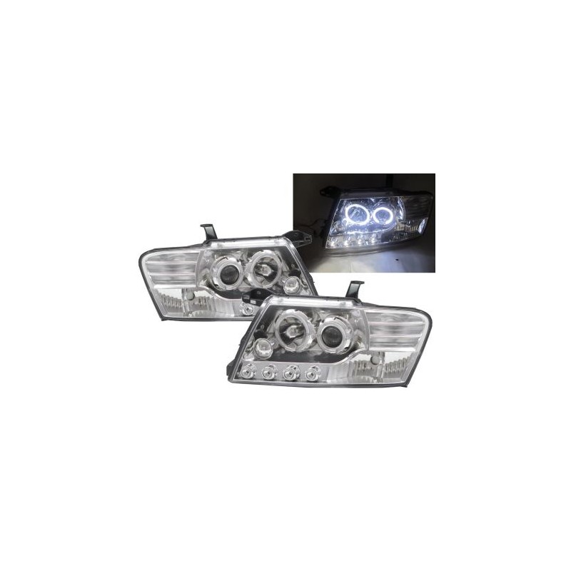 Φανάρια εμπρός Mitsubishi Pajero (2001-2006) angel eyes - chrome , με λάμπες (Η1) - σετ 2τμχ.