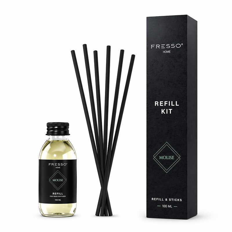 Fresso - Κιτ Αναπλήρωσης με Άρωμα Molise 100 ml Premium Home Refill Kit και 6 Μαύρα Στικ από Fiberglass για Αρωματικό Χώρου Reed
