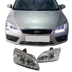 Μπροστινά Φανάρια Set Για Ford Focus 04-08 DRL & Led Φλας Χρωμίου H1/H1 JunYan