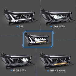 Μπροστινά Φανάρια Set Για Toyota Hilux Revo 15-19 Με Dynamic Start DRL &  Φλας Μαύρα Με Μοτέρ VLand