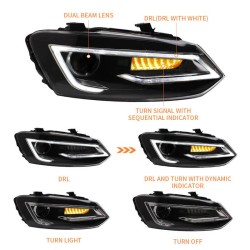 Μπροστινά Φανάρια Set Για Vw Polo 6R/6C 09-17 DRL Tube & Dynamic Φλας H7 Με Μοτέρ V-Land