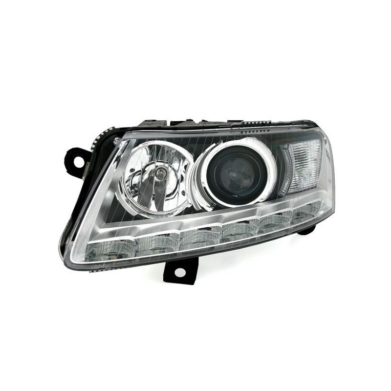 Φανάρια εμπρός για Audi A6 (2004-2007) με led φώτα ημέρας - chrome , χωρίς λάμπες (Η7) - σετ 2τμχ.