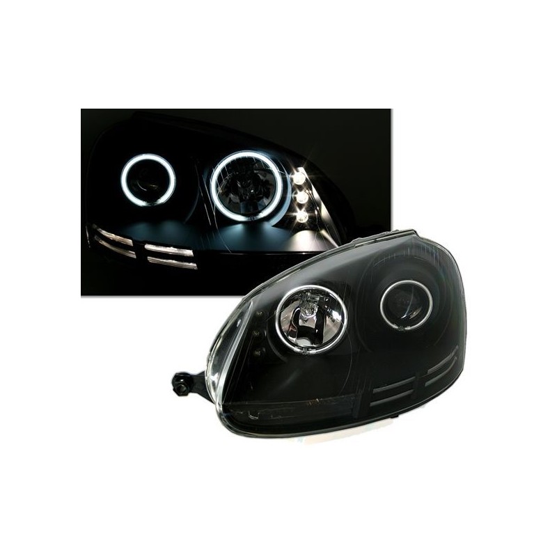 Φανάρια εμπρός angel eyes για VW Golf 5 - μαύρα με λάμπες (Η1) - σετ 2τμχ.