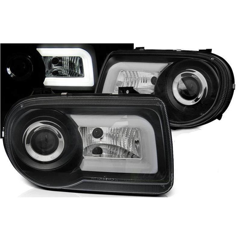 Φανάρια εμπρός με led για Chrysler 300C (2004-2008) - μαύρα , με λάμπες (Η1) - σετ 2τμχ.